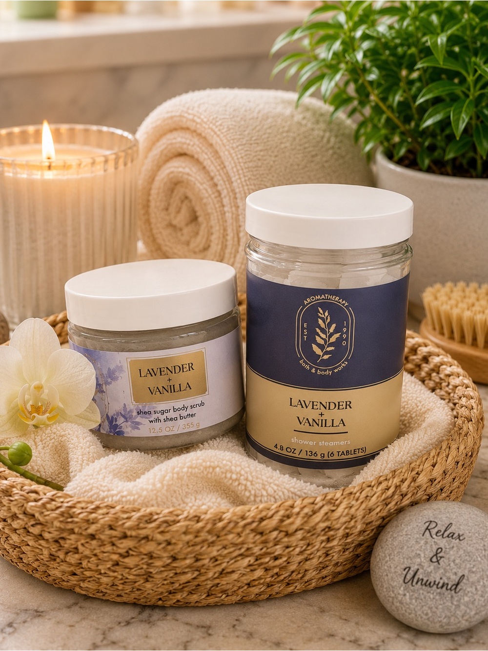 NEW! Bath & Body Works Lavender Vanilla Sugar Body Scrub & Shower Steamers